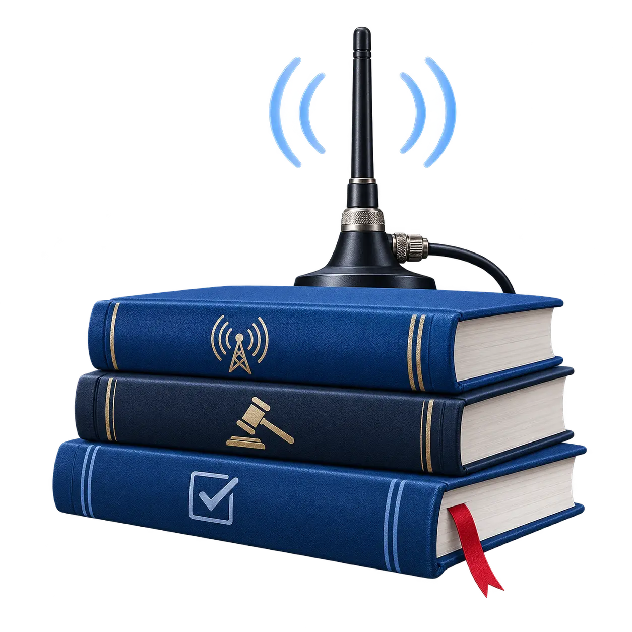 A stack of aviation and radio study books with an antenna and signal waves